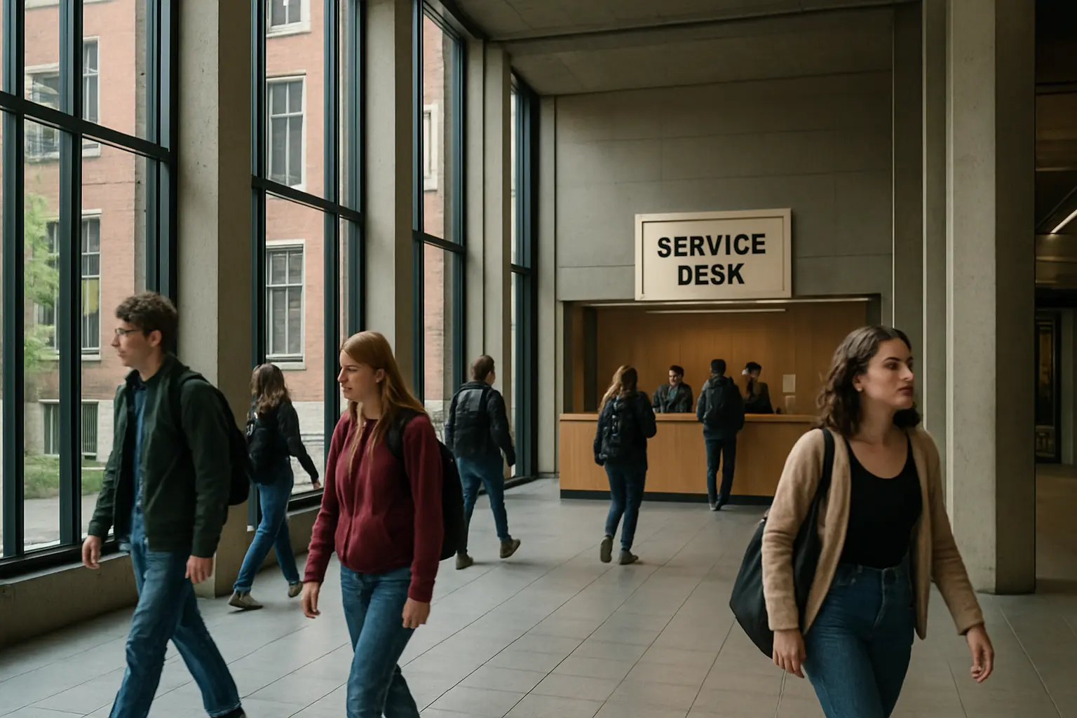 Studenten lopen door de entreehal van een Nederlandse universiteit langs een servicebalie