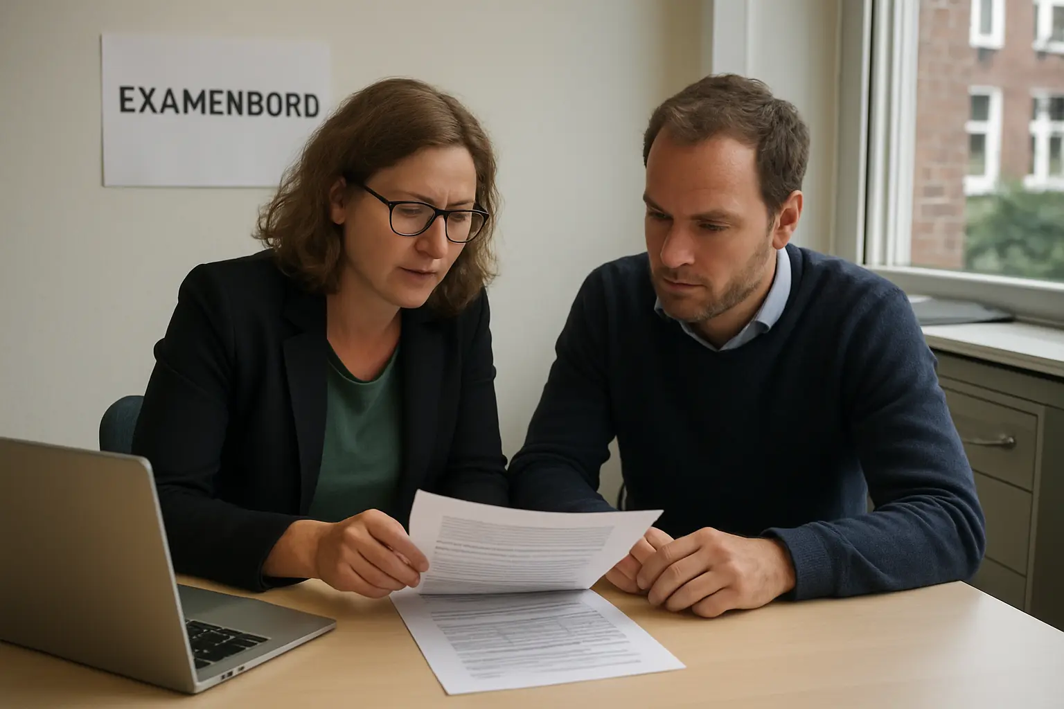 Twee medewerkers van een examencommissie bespreken een rapport op kantoor