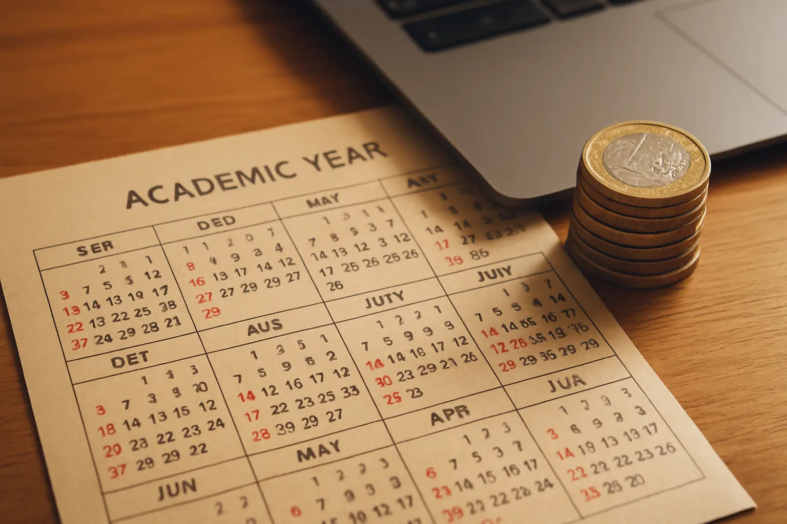Een kalenderblad met een gemarkeerd studiejaar naast een stapeltje euromunten op een bureau