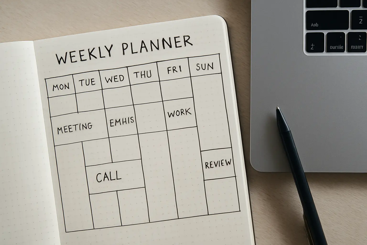 Een handgeschreven weekplanning in een notitieboek met taken per dag ingedeeld