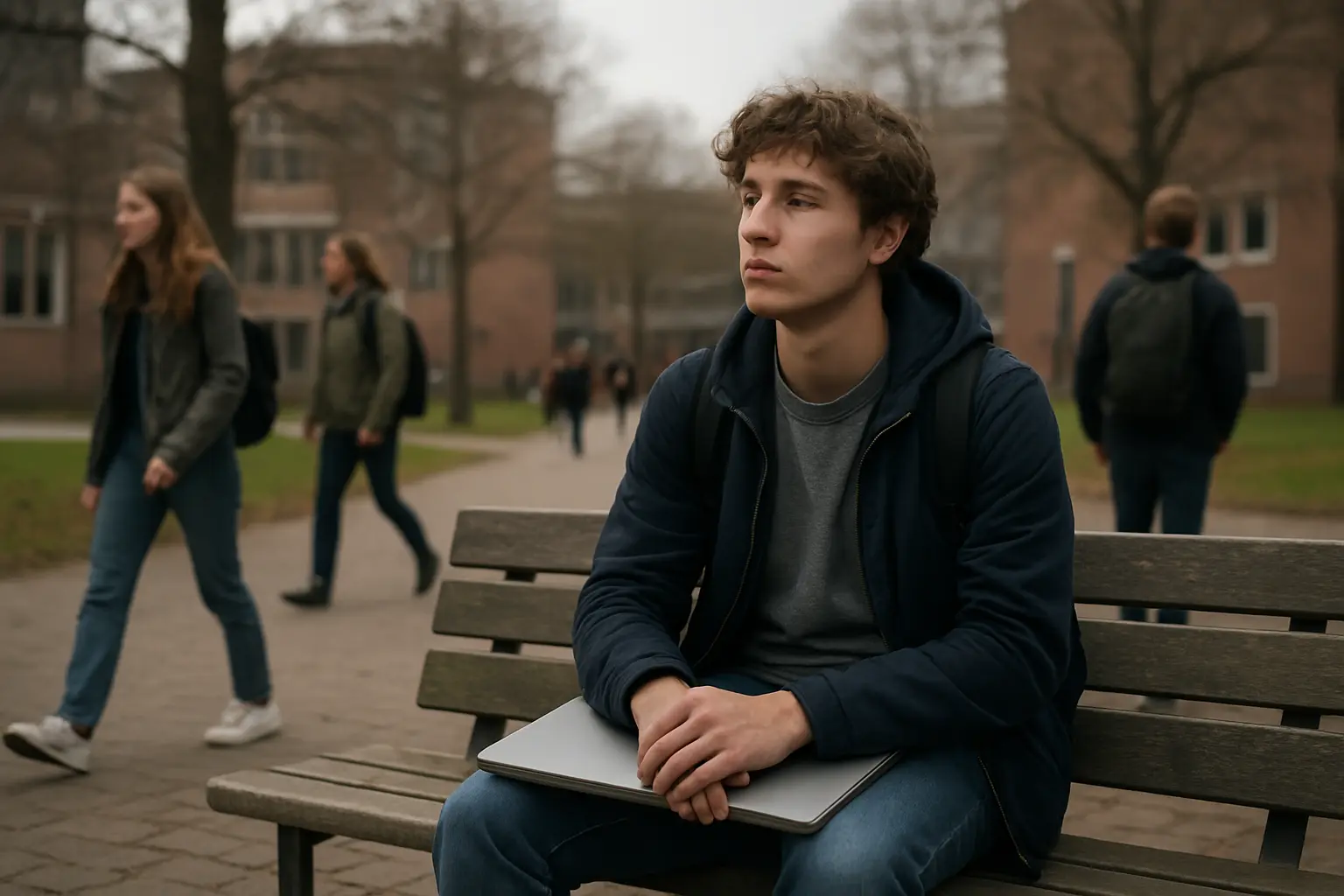Een student zit met een dichtgeklapte laptop op een bank op de campus terwijl anderen voorbijlopen