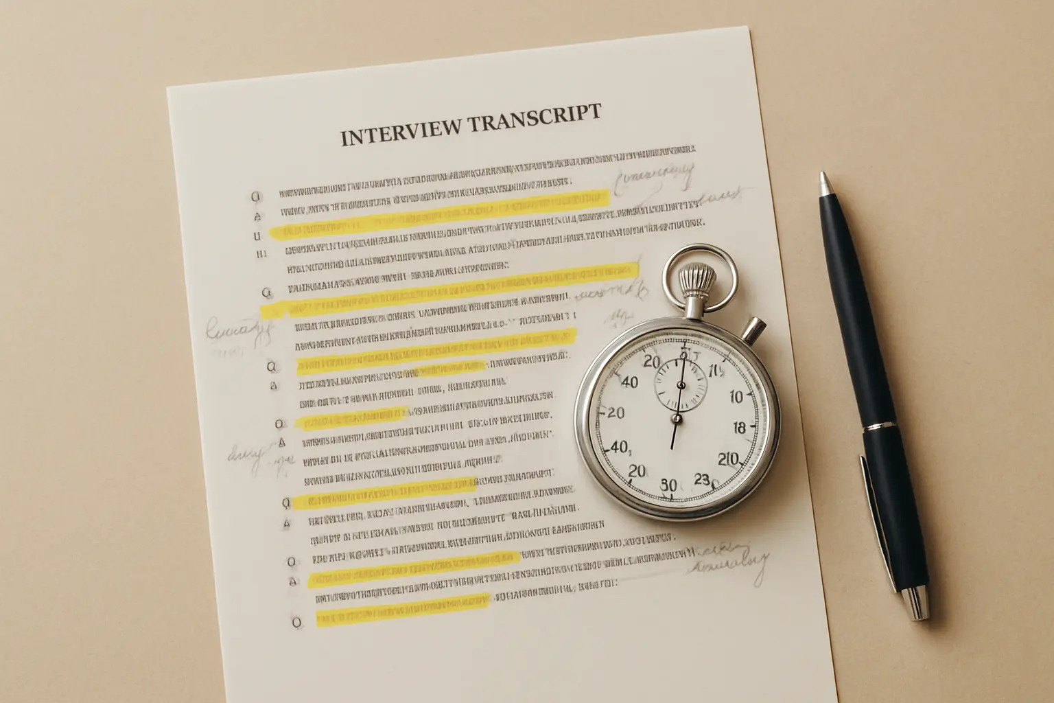 Uitgeprinte transcriptie die met de hand wordt nagelopen voor het coderen