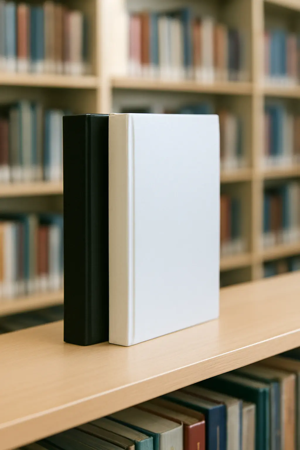 Drie ingebonden scripties van duidelijk verschillende dikte naast elkaar op een plank