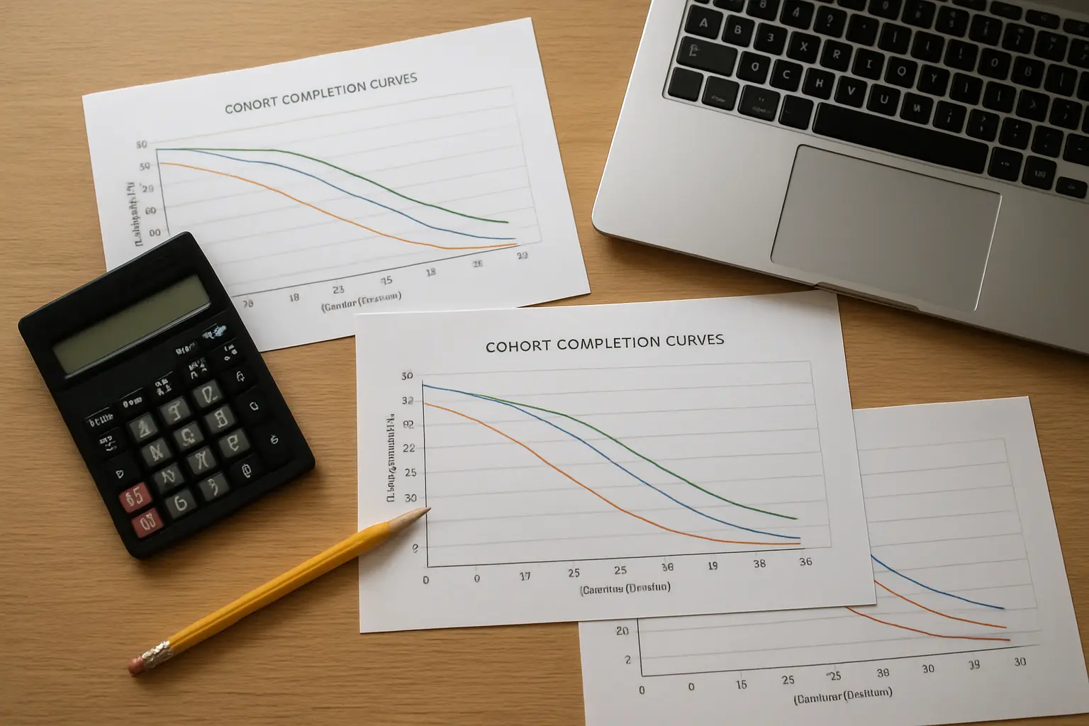 Geprinte lijngrafieken met cohortcurves en een potlood dat een punt op de curve aanwijst