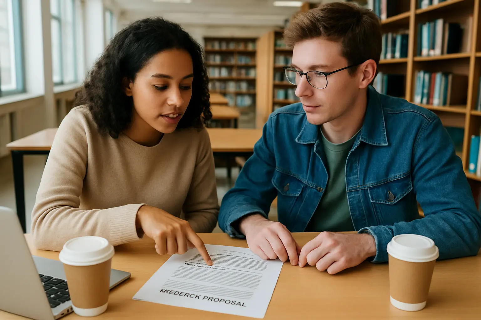 Twee studenten bespreken een geprint onderzoeksvoorstel aan een tafel in de bibliotheek