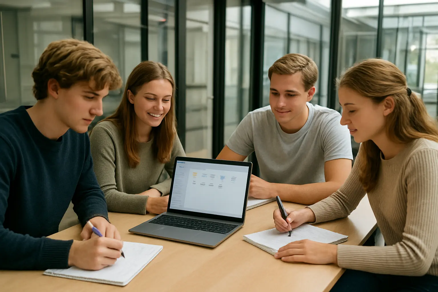 Studenten werken samen met een gedeelde bronnenbibliotheek in een groepsruimte