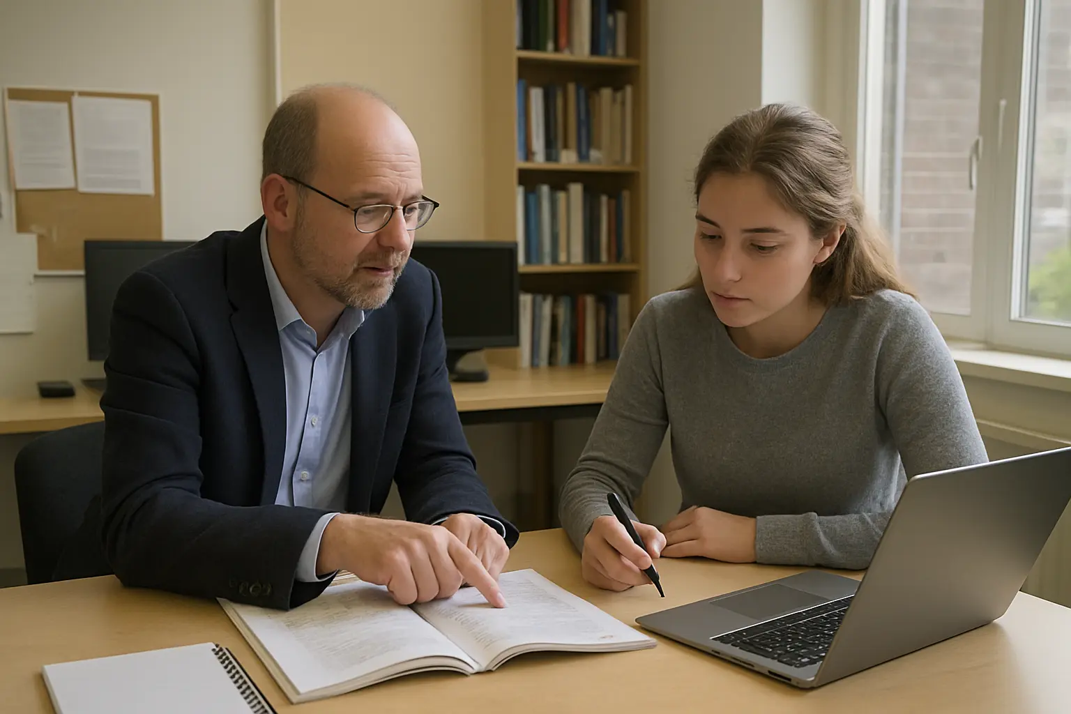 Een scriptiebegeleider wijst een bronvermelding aan in een geprint hoofdstuk terwijl de student meeschrijft