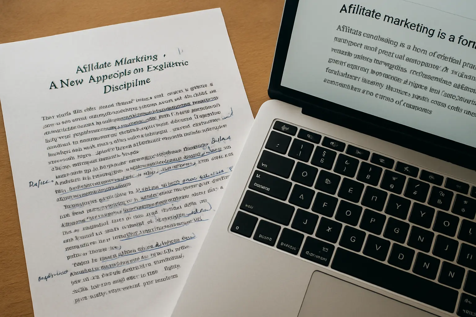Handgeschreven aantekeningen op een geprint artikel naast een laptop met een conceptalinea