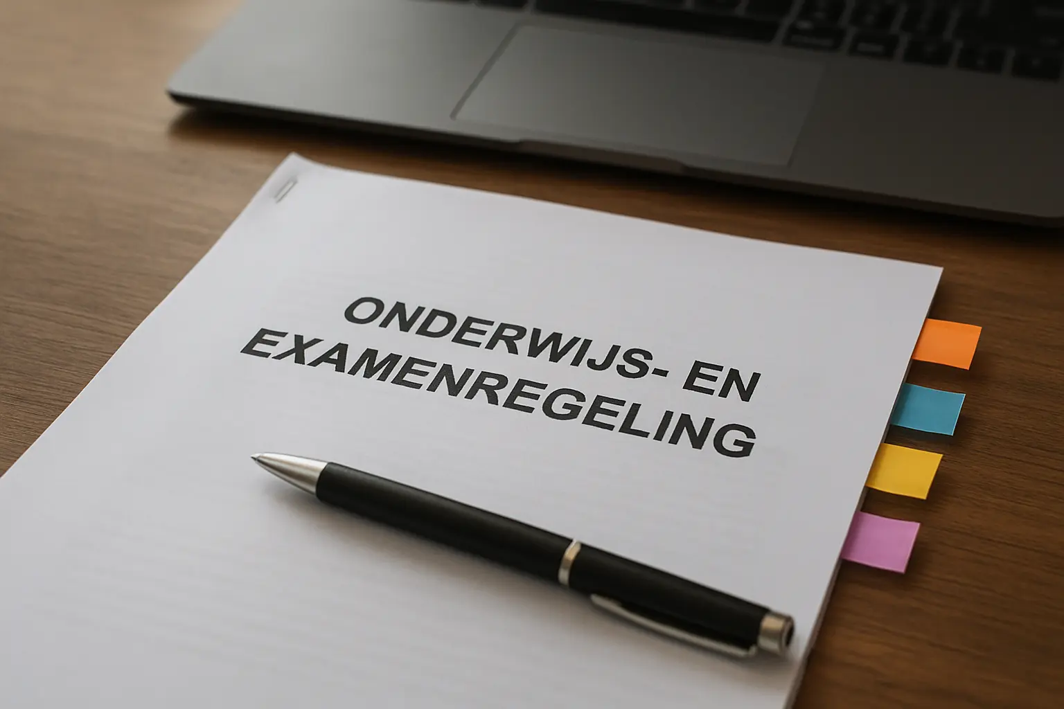 Een geprinte onderwijs- en examenregeling met tabbladen die secties markeren