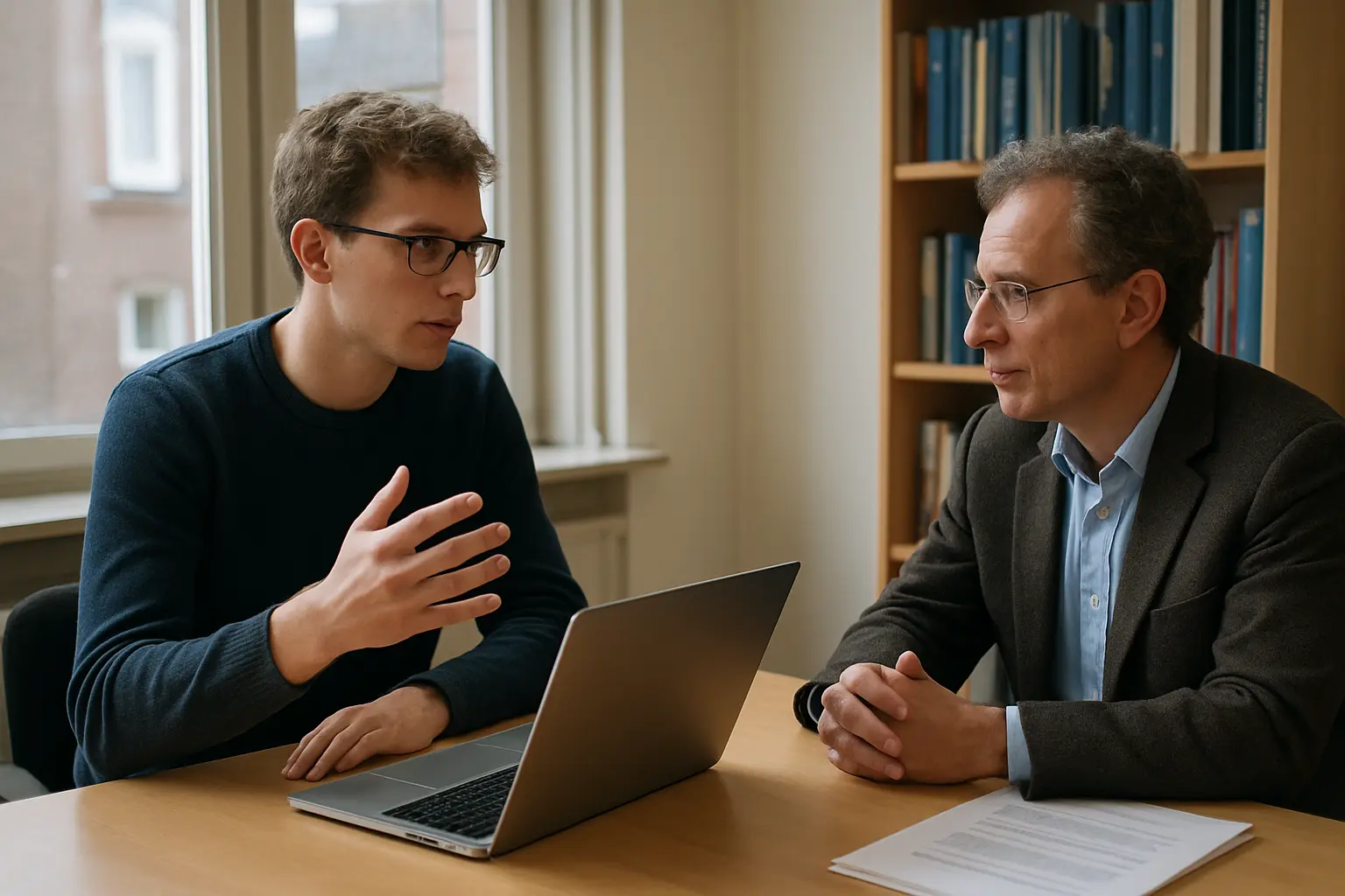 Een student legt iets uit aan de scriptiebegeleider met een open laptop tussen hen in