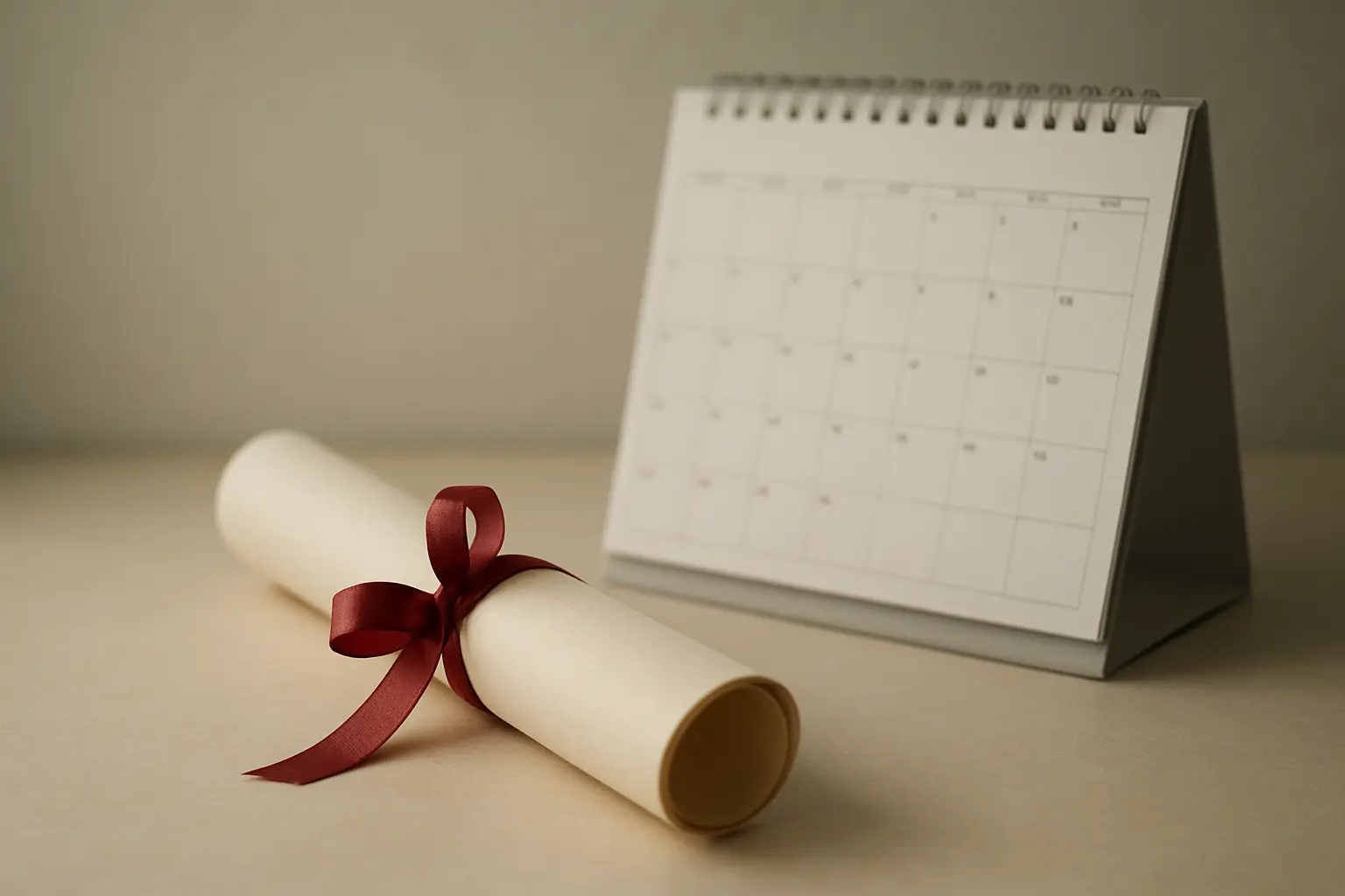 Een opgerold diploma met lint naast een kalender op een bureau