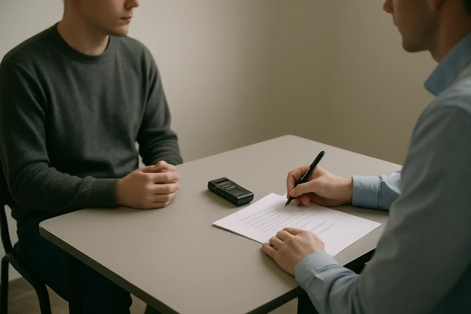Twee mensen in gesprek aan een tafel met een voicerecorder en een topiclijst ertussen