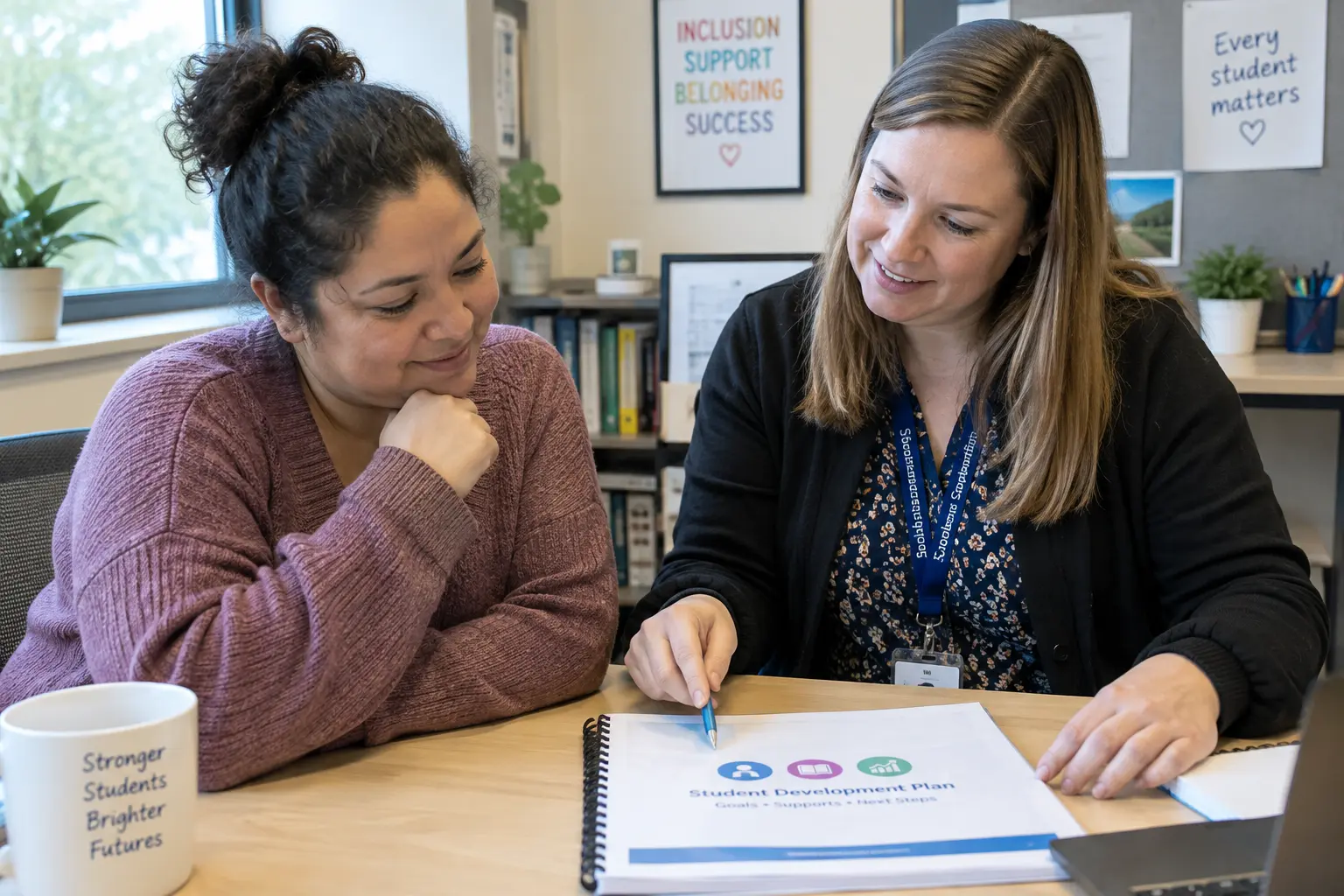 Ouder en schoolcoördinator bespreken het ontwikkelingsperspectiefplan