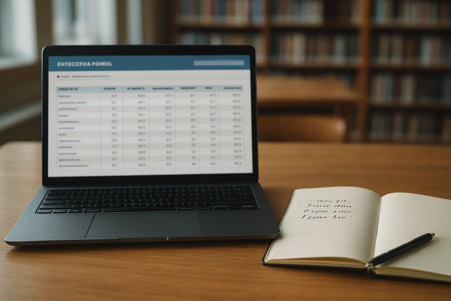 Laptopscherm met een statistiektabel naast een notitieblok met een onderwerpenlijst
