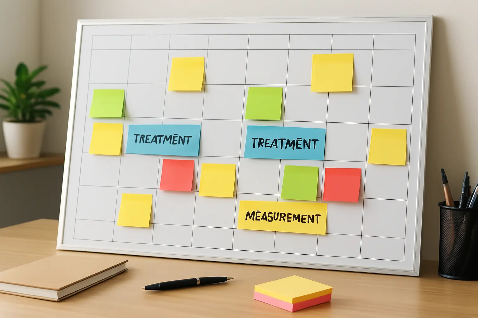 Planningskalender met behandelweken en meetmomenten voor een fysiotherapieonderzoek