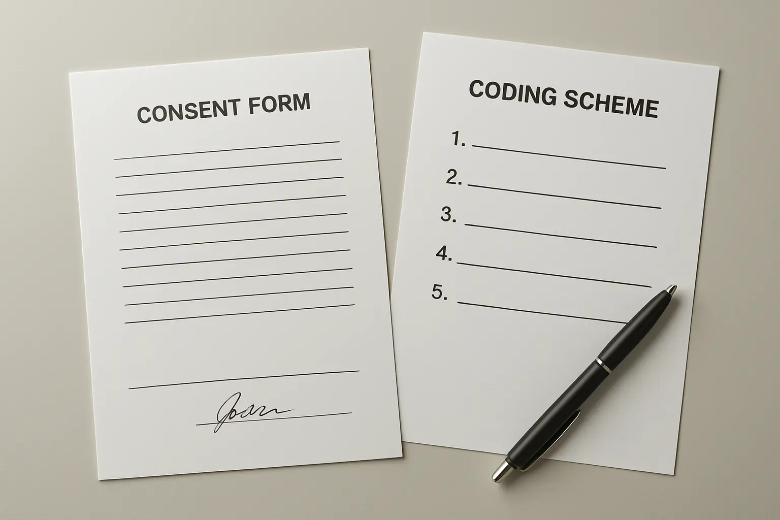 Een ondertekend toestemmingsformulier naast een uitgeprint codeboek met categorieen