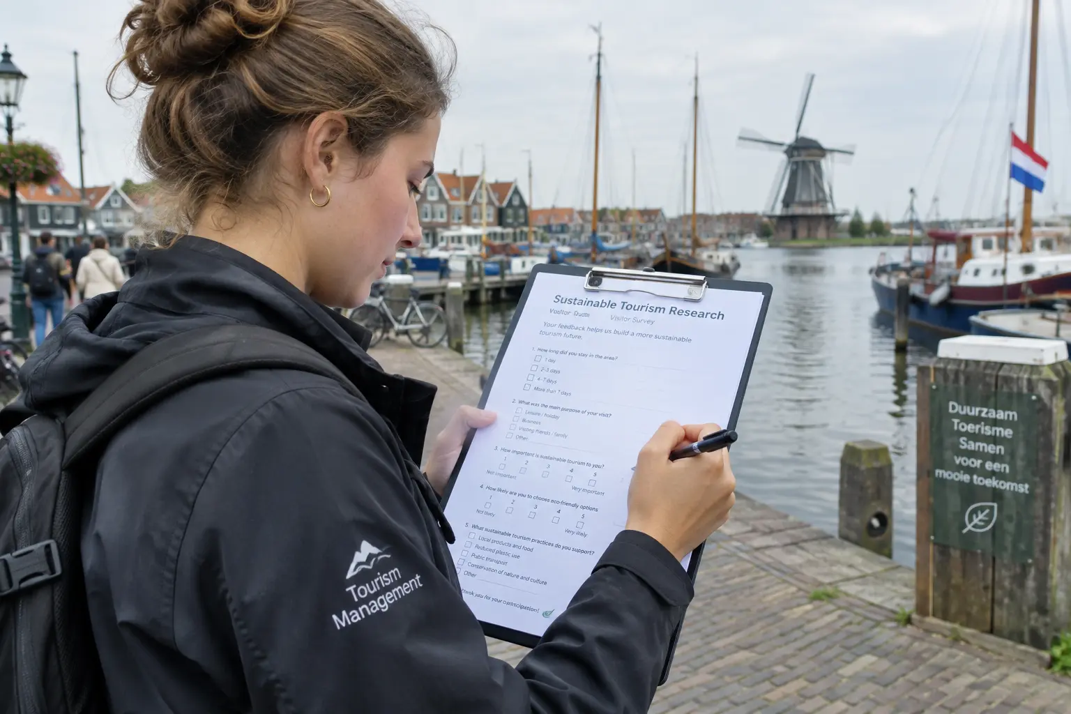 Student neemt een enquête af voor onderzoek naar duurzaam toerisme