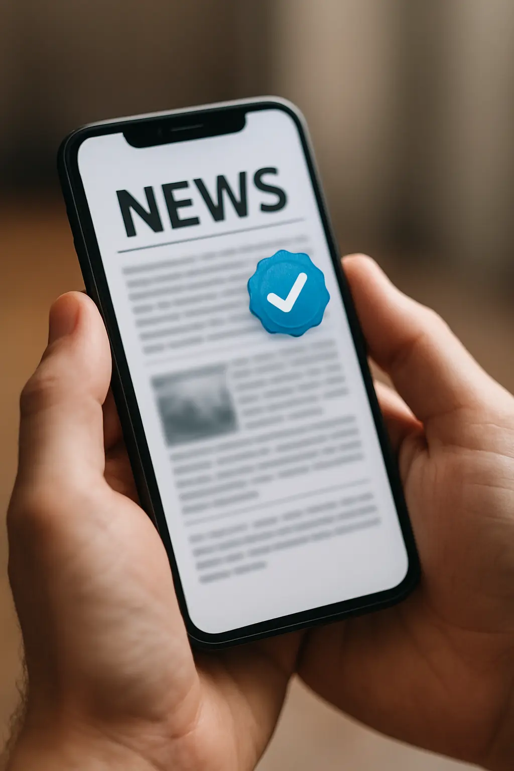 Persoon leest een nieuwsartikel op een smartphone met een factcheck-label zichtbaar
