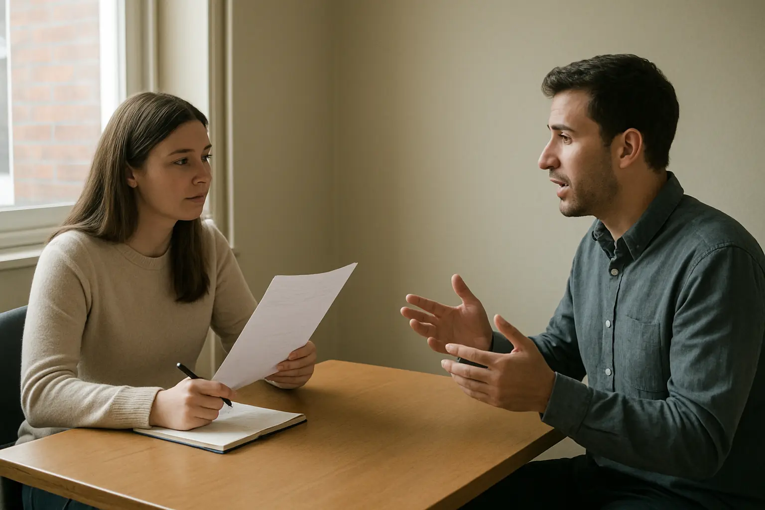 Twee studenten oefenen een interview aan een tafel met een topiclijst erbij