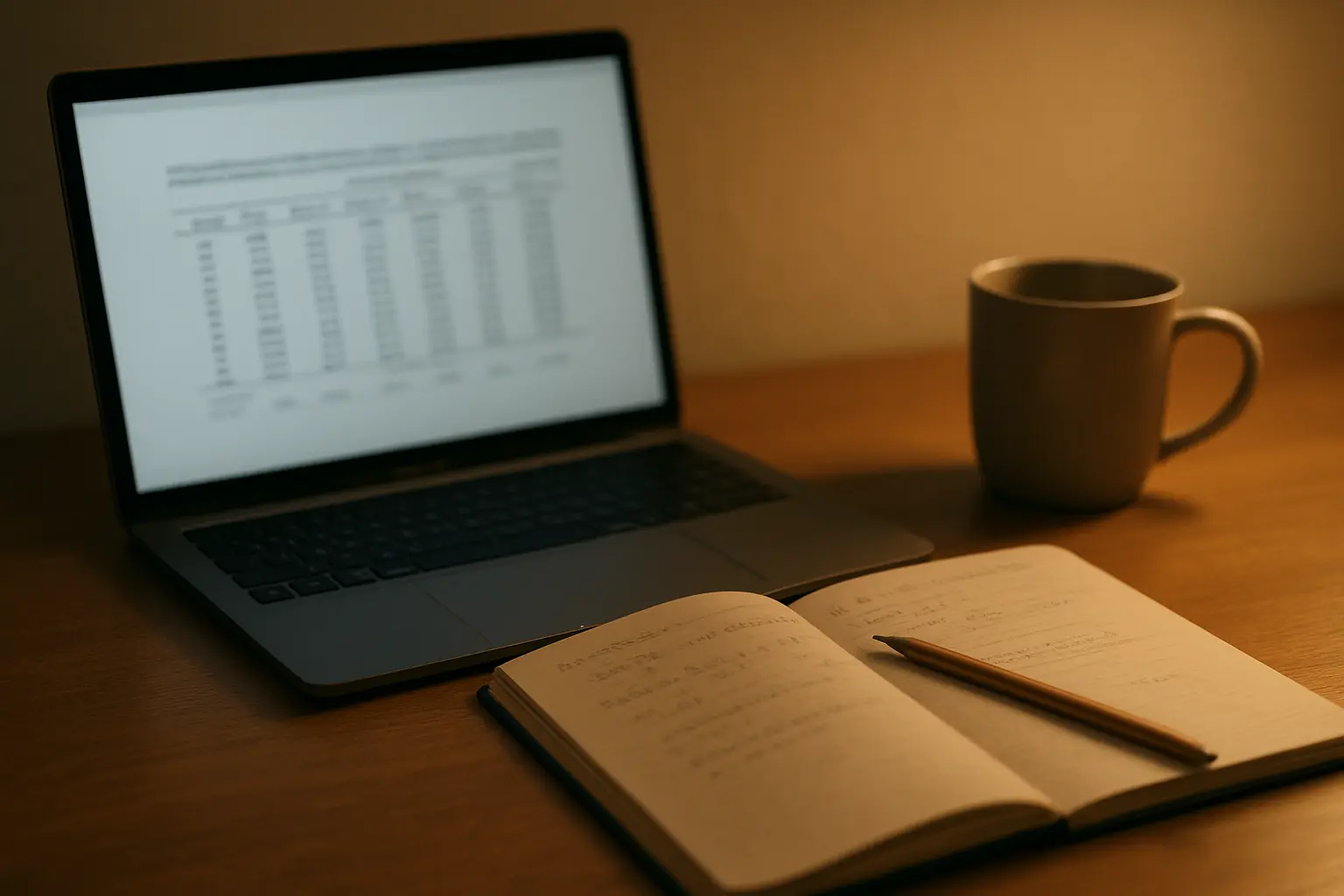 Laptop met een statistische output naast een notitieblok met aantekeningen