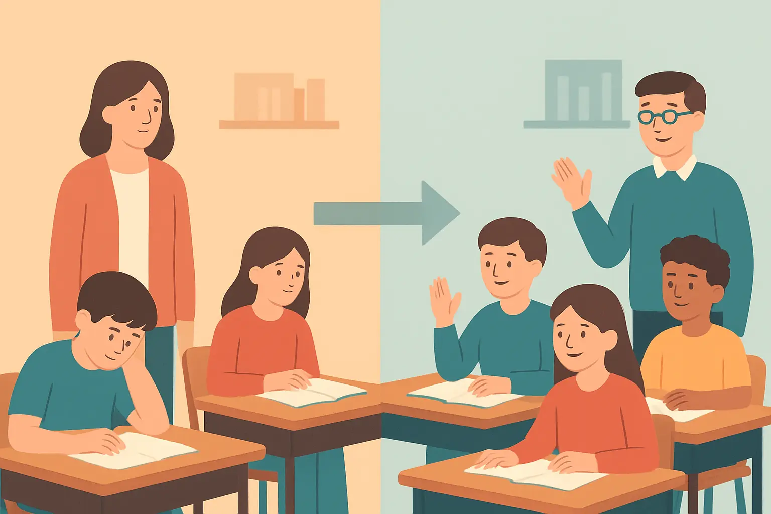 Twee schoolklassen naast elkaar met een pijl die het verschil in verwerkte feedbackpunten weergeeft