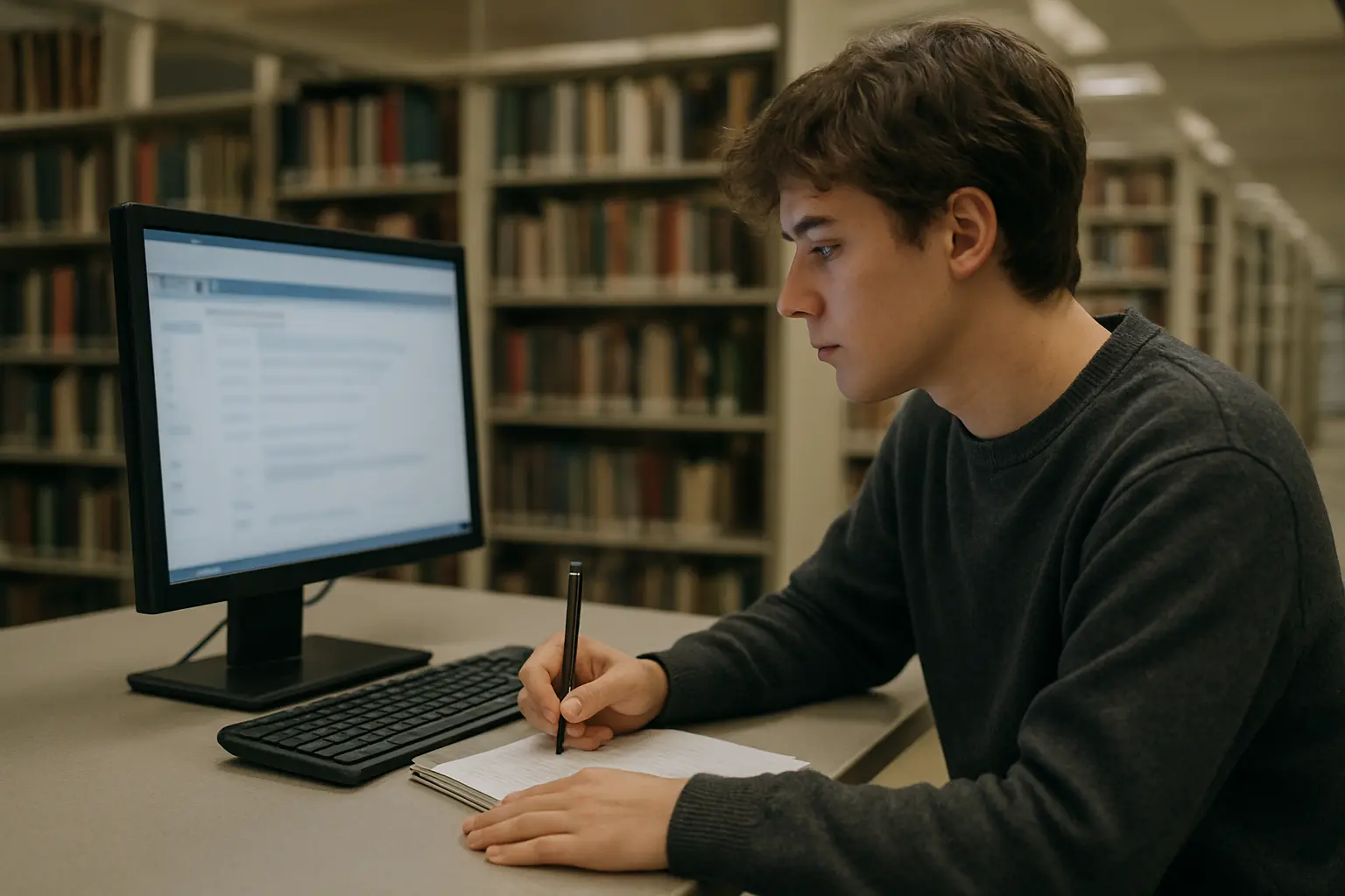 Student noteert een zoekstring met operatoren in een schrift naast een computerscherm