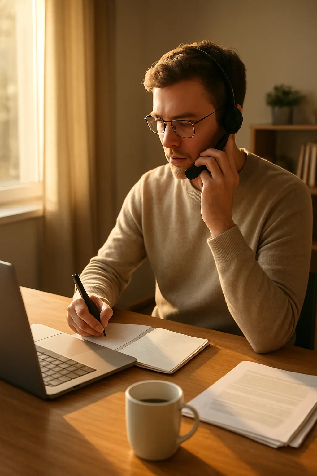 Onderzoeksassistent die telefonisch een pijnscore en medicatietrouw afneemt bij een patiënt thuis