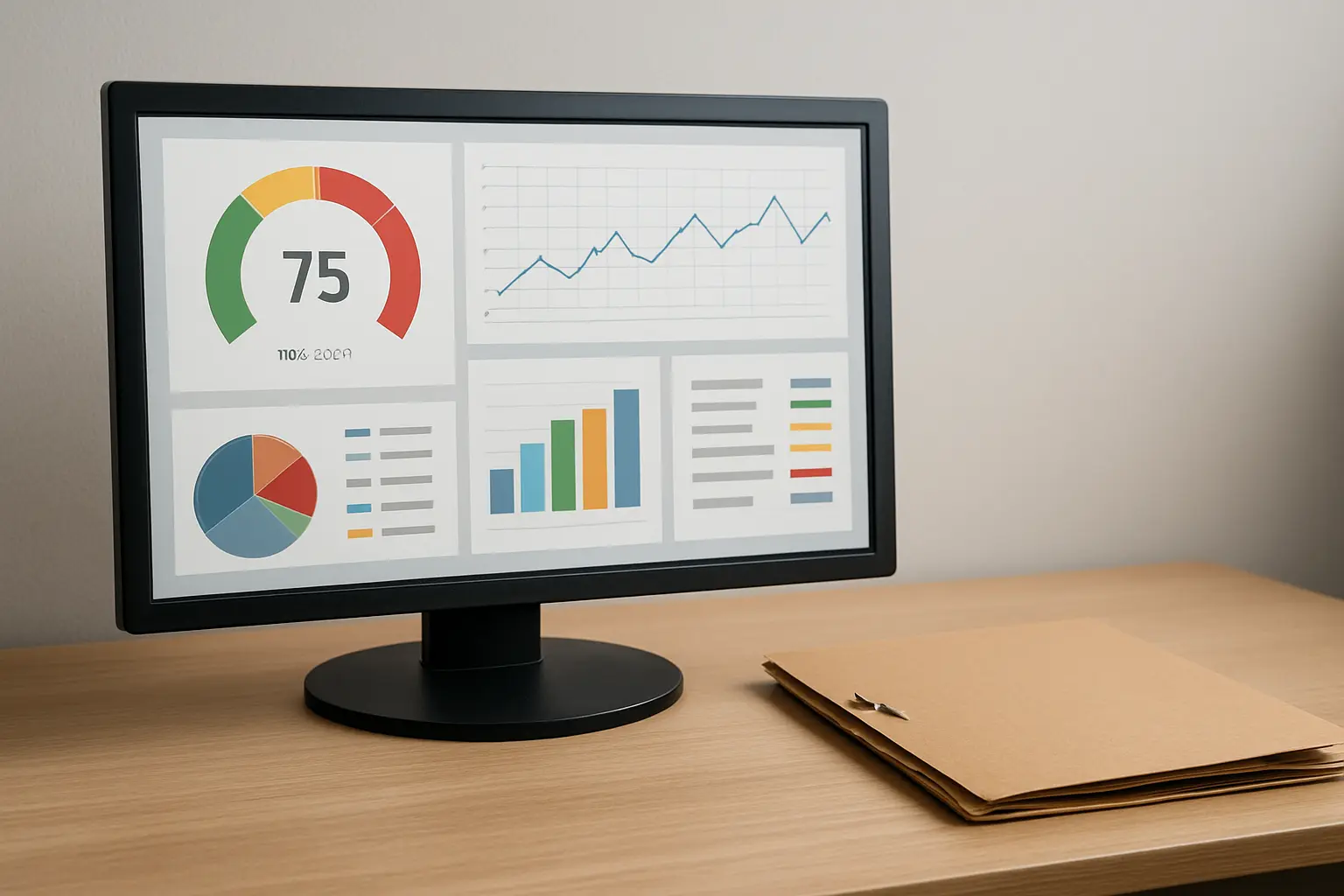 Computerscherm met een risicoscore-dashboard naast een dossiermap op een bureau