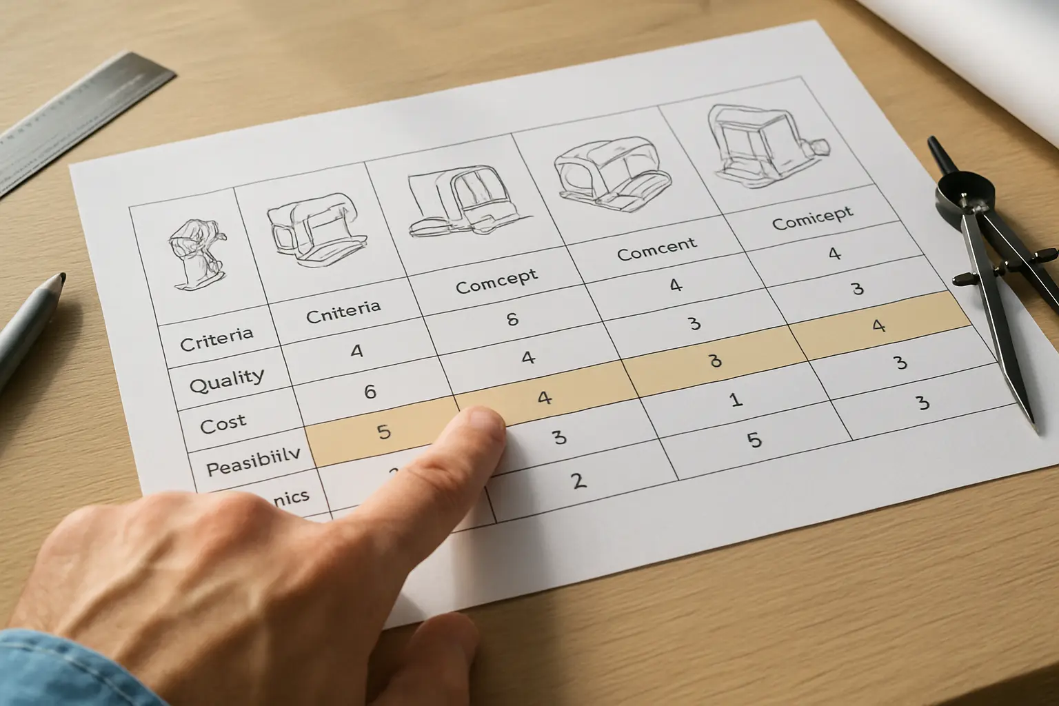 Scorematrix waarin meerdere ontwerpconcepten worden afgewogen tegen de ontwerpeisen