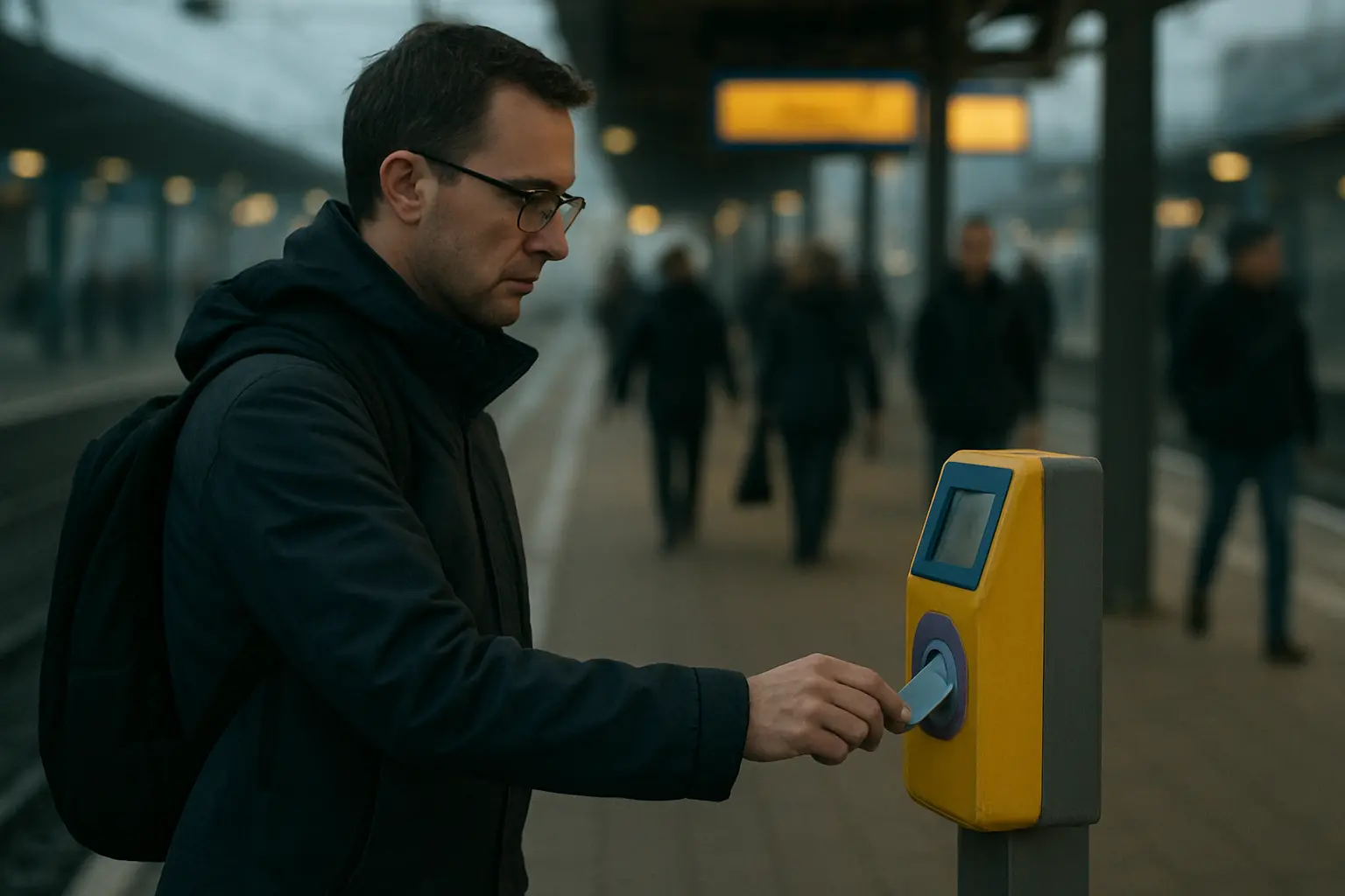 Reiziger checkt in bij een ov-paaltje op een Nederlands treinstation