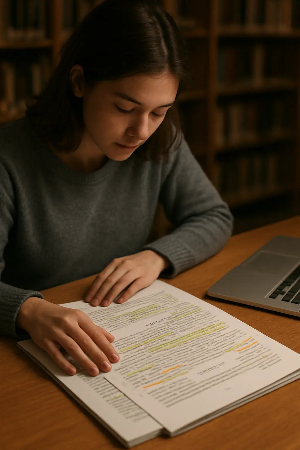 Student met een geprint methodehoofdstuk vol aantekeningen in de marge