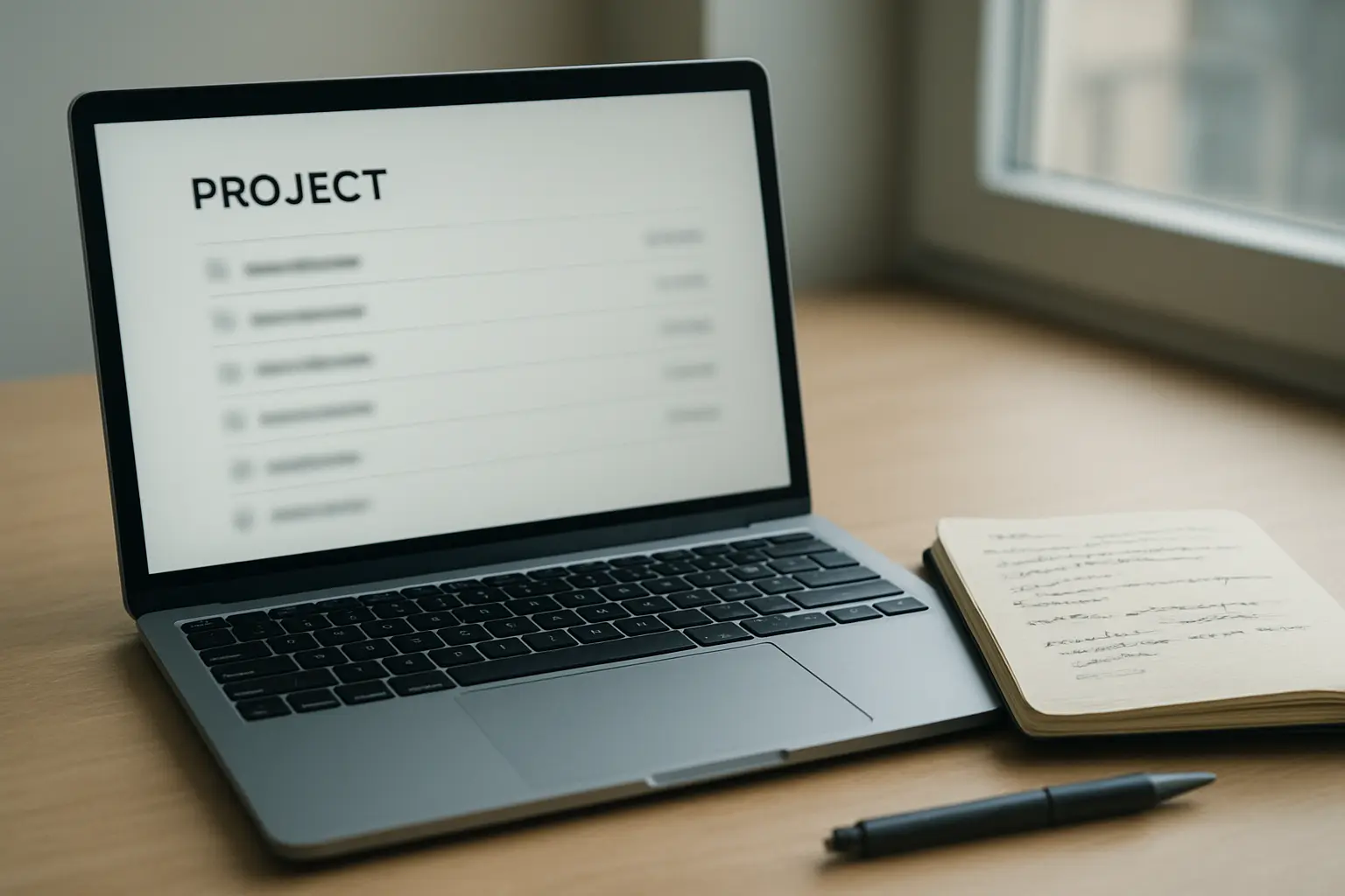 Laptopscherm met een projectpagina voor een preregistratie naast aantekeningen