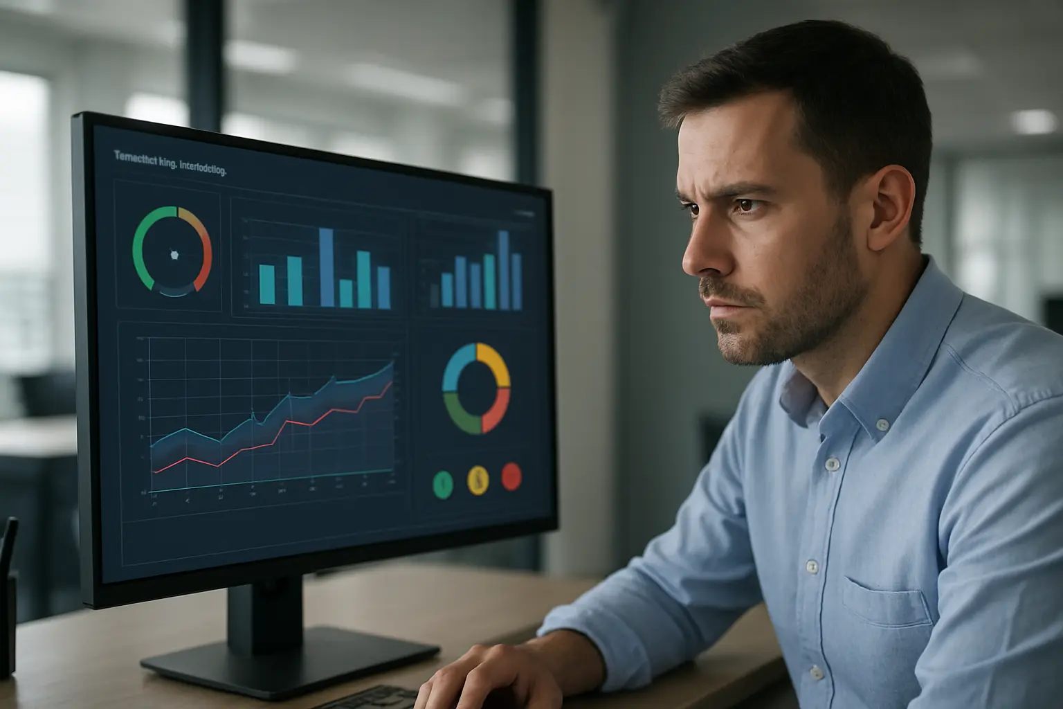Werknemer bekijkt een dashboard met productiviteitsmetingen op een computerscherm