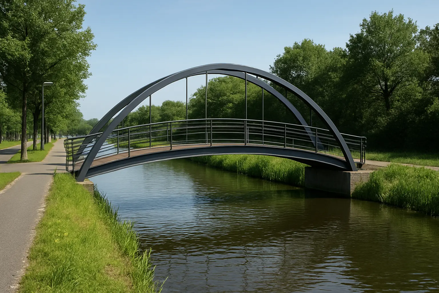Stalen boogbrug voor fietsers over een watergang, voorbeeld van een civieltechnisch ontwerp