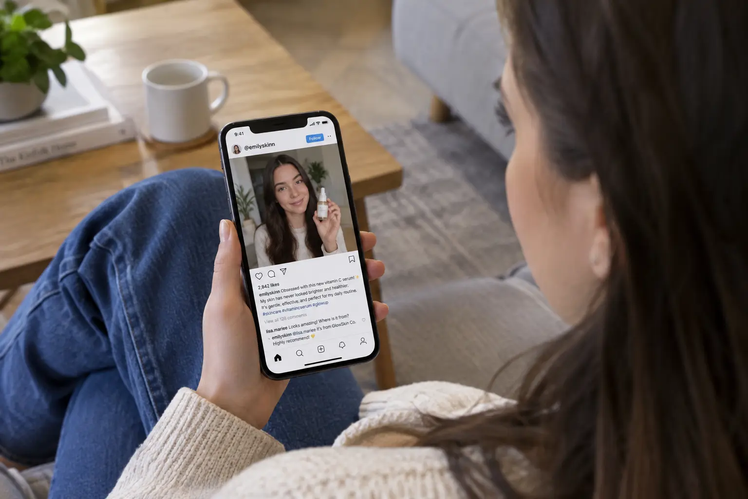 Consument bekijkt een social media-influencer post, context voor de hypothesen over merkvertrouwen en koopintentie