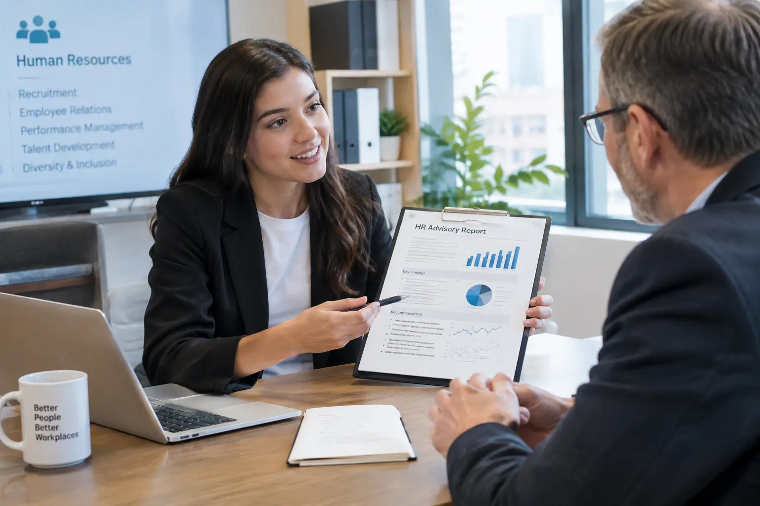Student presenteert een praktisch adviesdocument aan de HR-afdeling