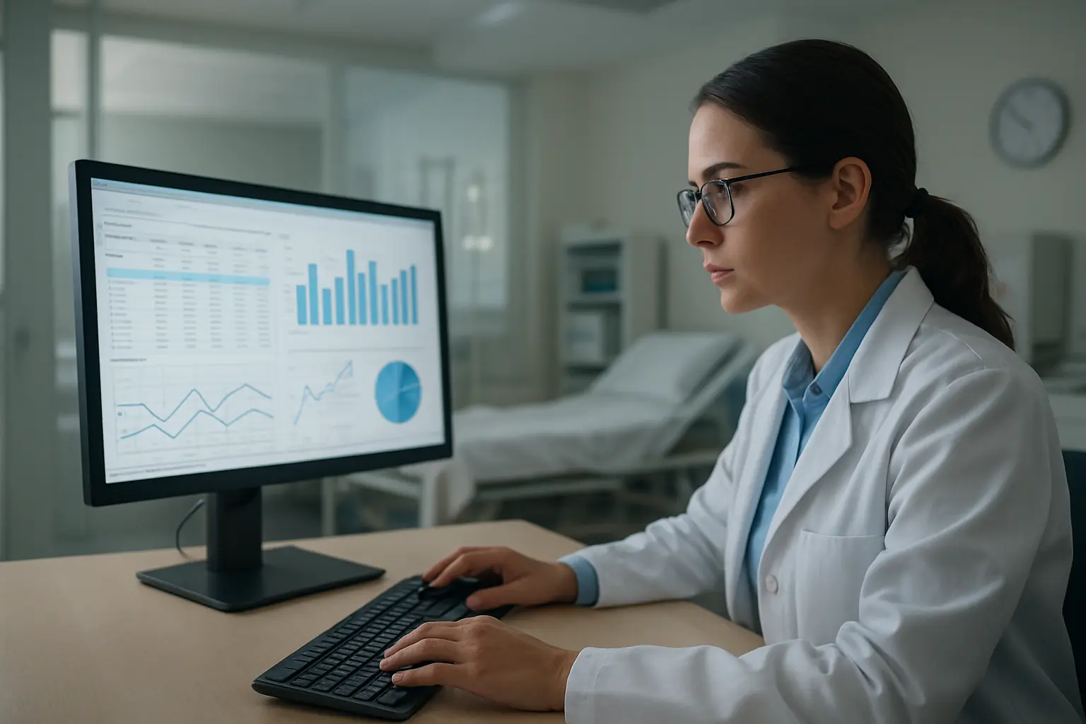 Onderzoeker analyseert geanonimiseerde patiëntgegevens op een computer in een ziekenhuisomgeving
