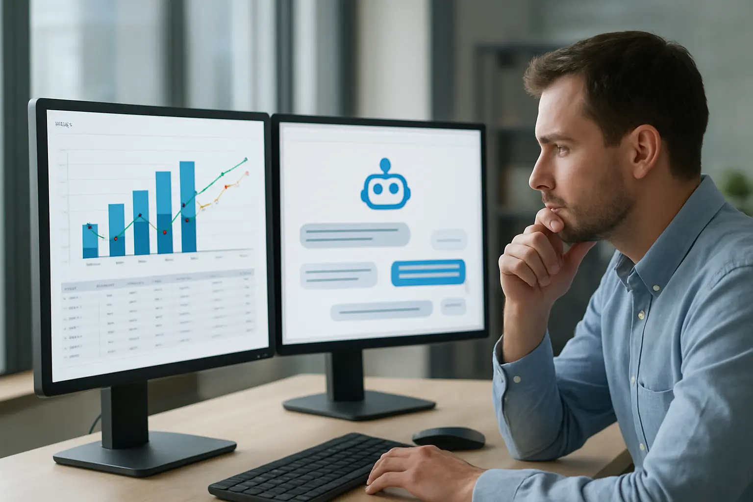 Onderzoeker vergelijkt echte enquêtedata met een AI-interface op het scherm