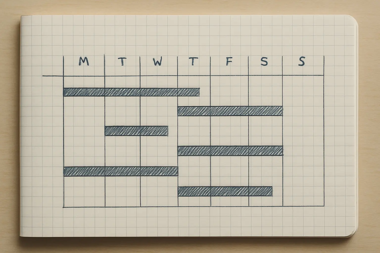 Handgeschreven weekplanning met balken per fase van het scriptietraject