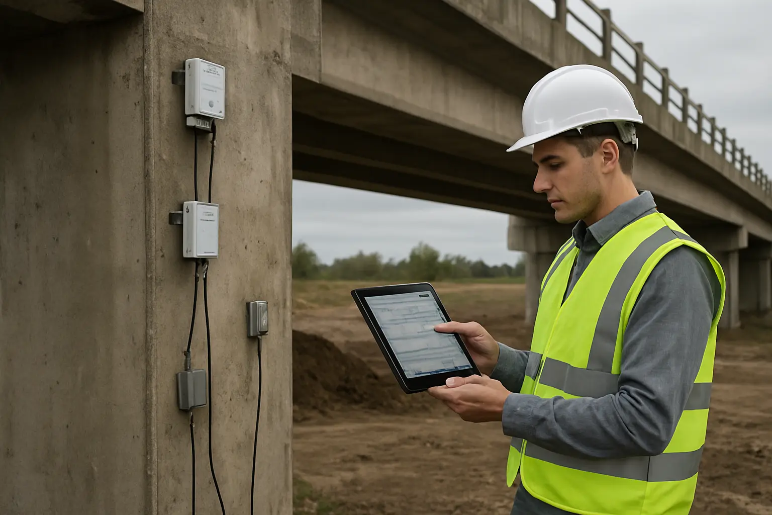 Constructiemonitoring met sensoren op een betonnen brugpijler tijdens civieltechnisch veldonderzoek