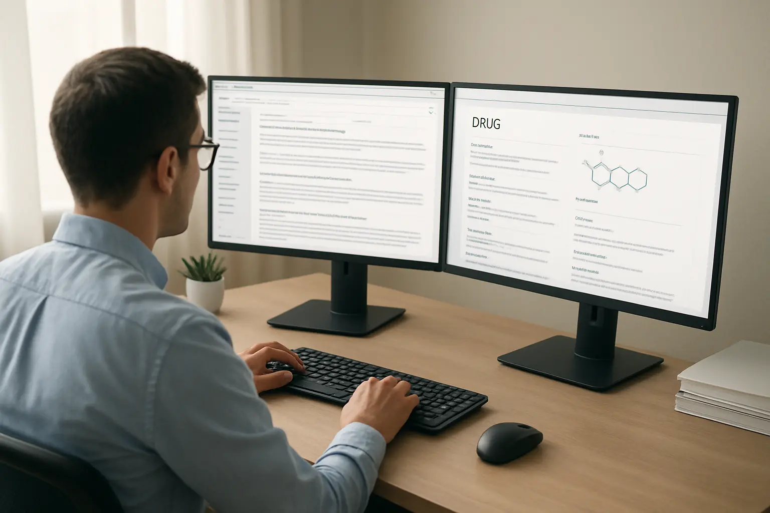 Onderzoeker doorzoekt PubMed en een klinisch naslagwerk naast elkaar op twee schermen