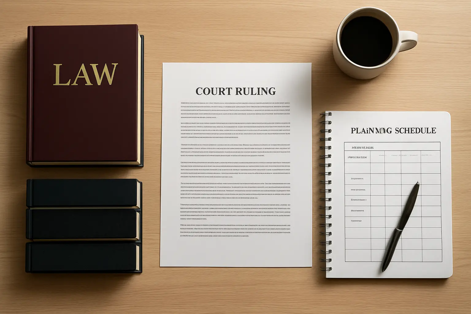 Bureau met wetteksten, een uitspraak en een planningsschema voor een juridisch onderzoeksvoorstel