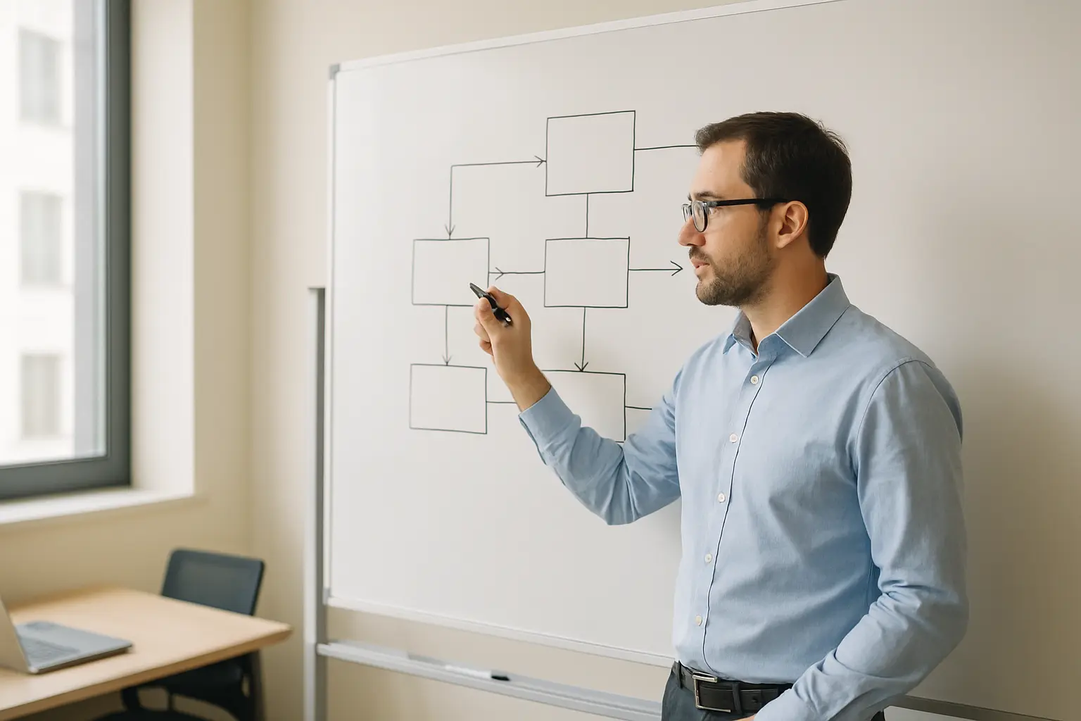 Onderzoeker tekent een conceptueel model met boxen en pijlen voor een HRM-scriptie