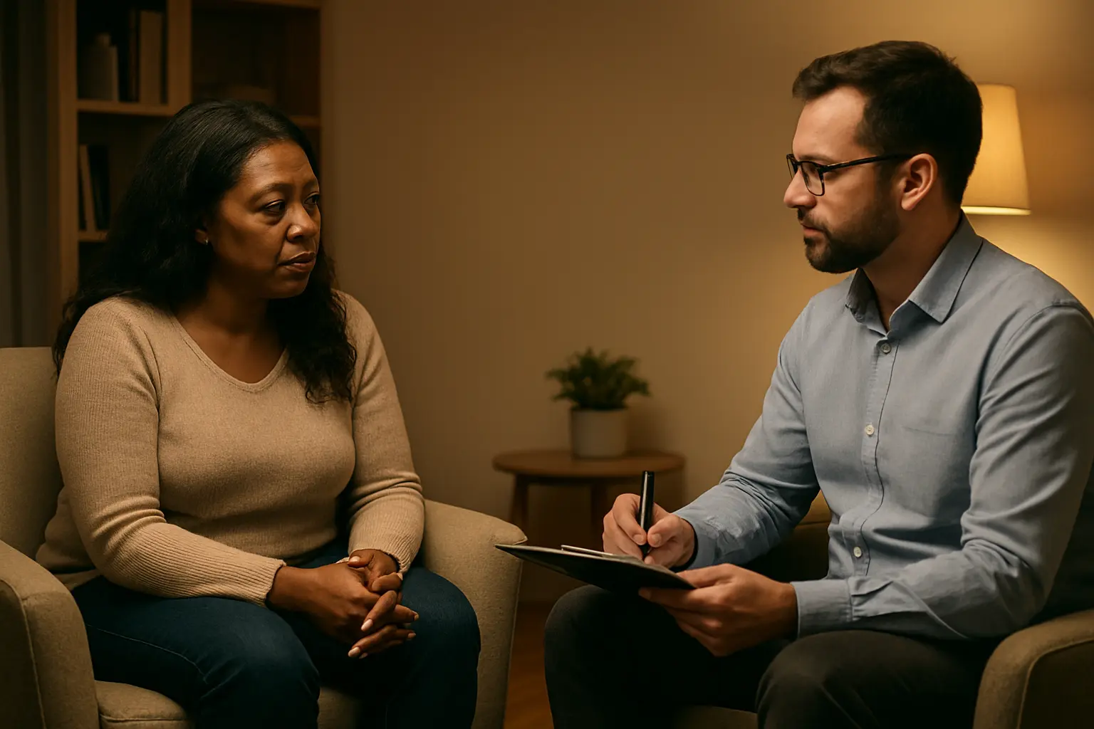 Therapiesessie tussen behandelaar en patiënt in een rustige spreekkamer