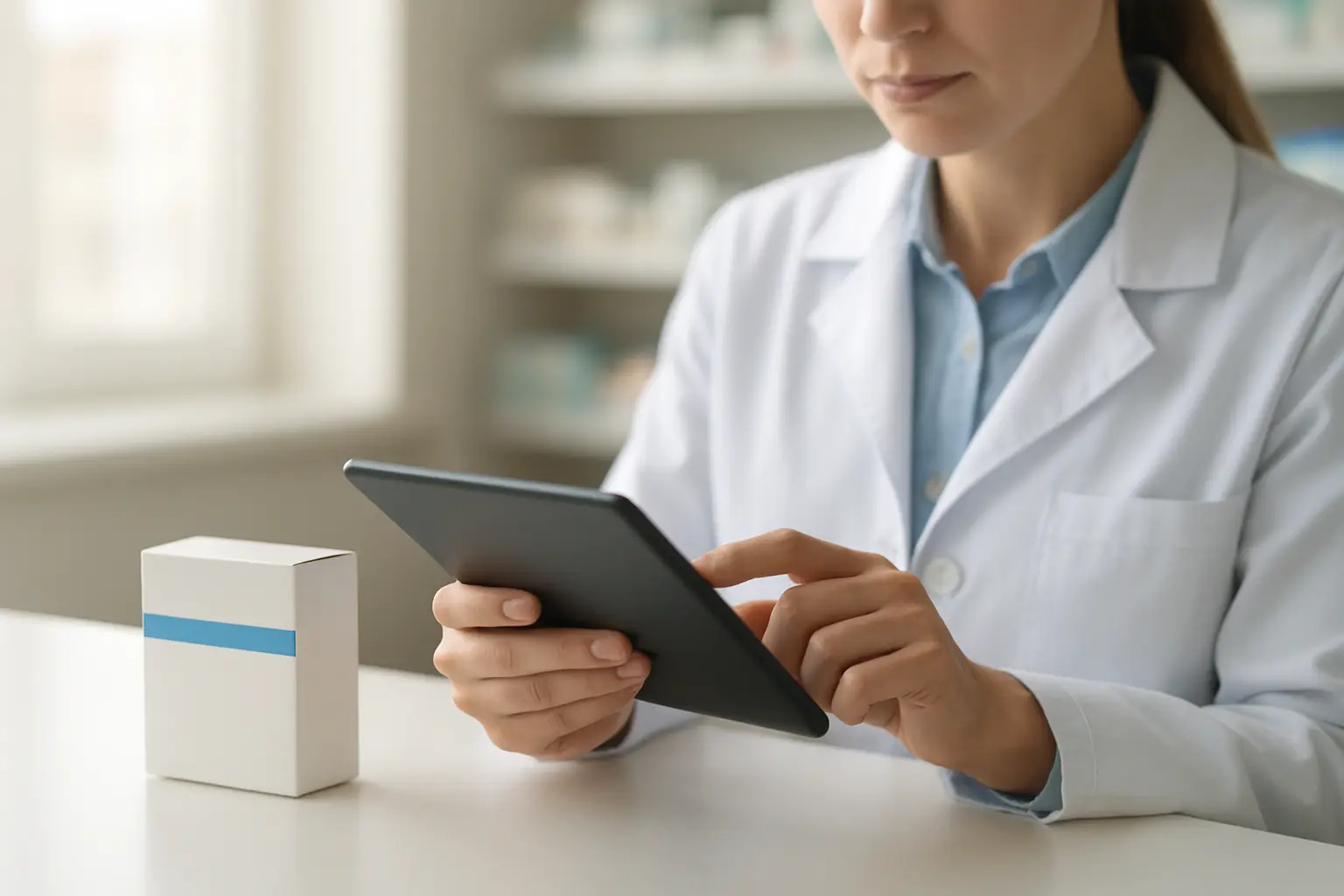 Apotheker controleert een doseringsadvies in een digitaal naslagwerk naast een geneesmiddelverpakking
