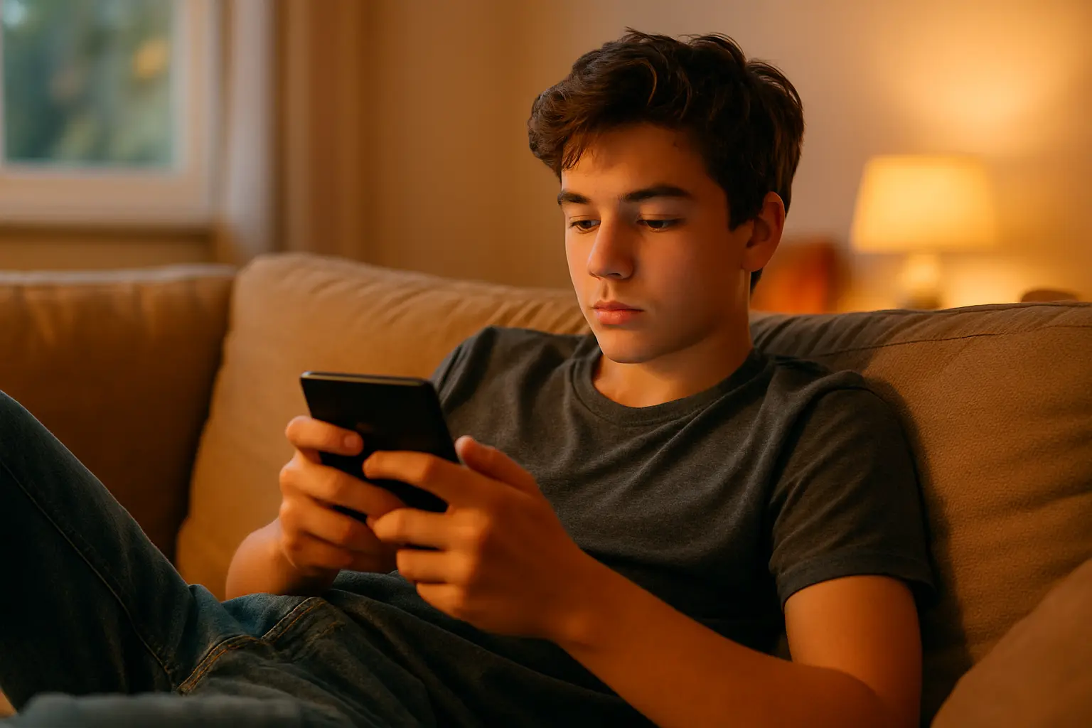 Jongere kijkt naar video-content op een smartphone in een woonkamer