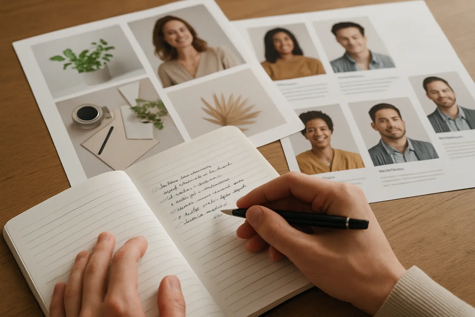 Marketingstudent bespreekt een campagneconcept met aantekeningen over doelgroep en positionering