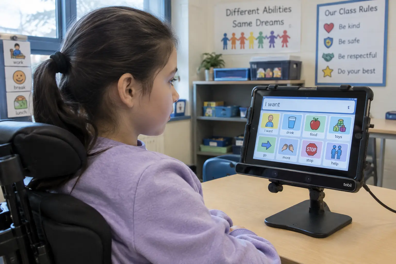 Leerling gebruikt assistieve technologie in het speciaal onderwijs