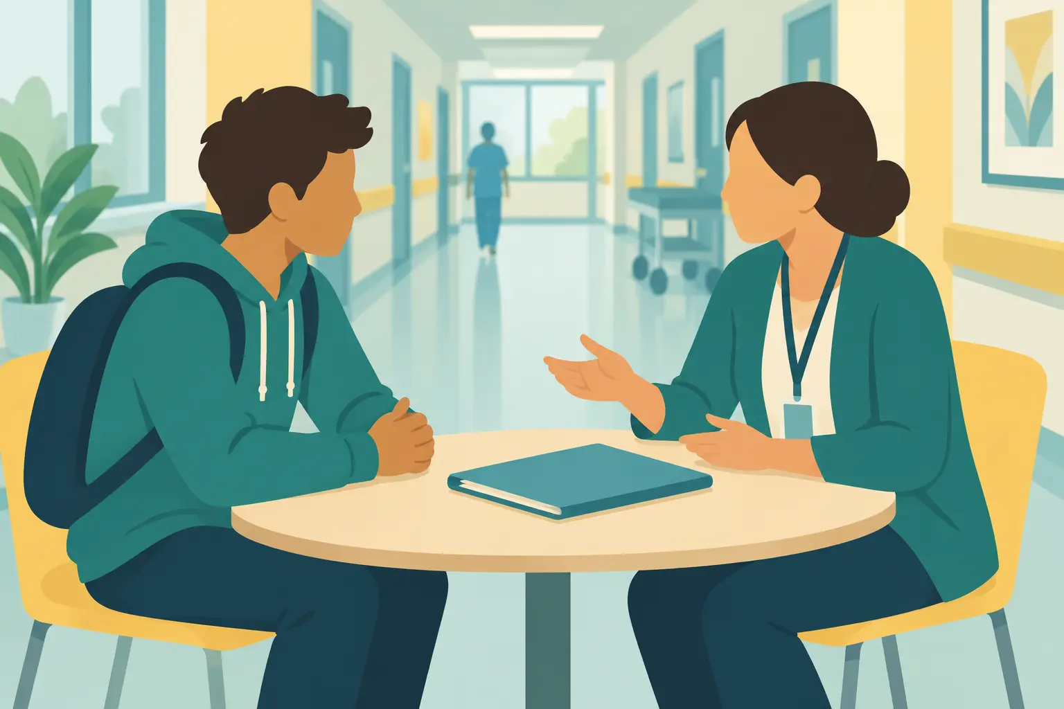 Student bespreekt een onderzoeksvoorstel met een zorgmanager aan een tafel op een afdeling