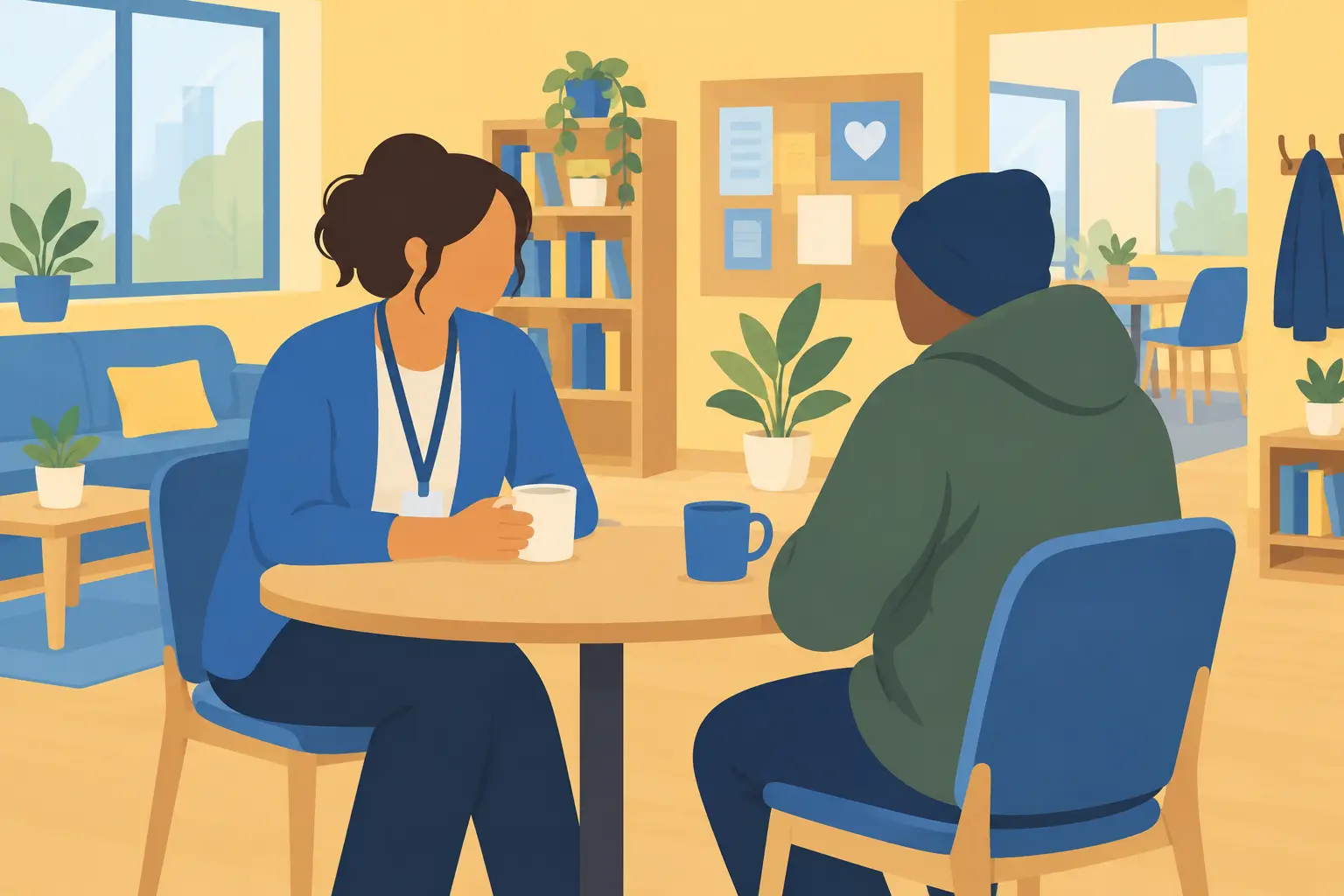 Sociaal werker praat met een cliënt in een inloophuis aan een tafel